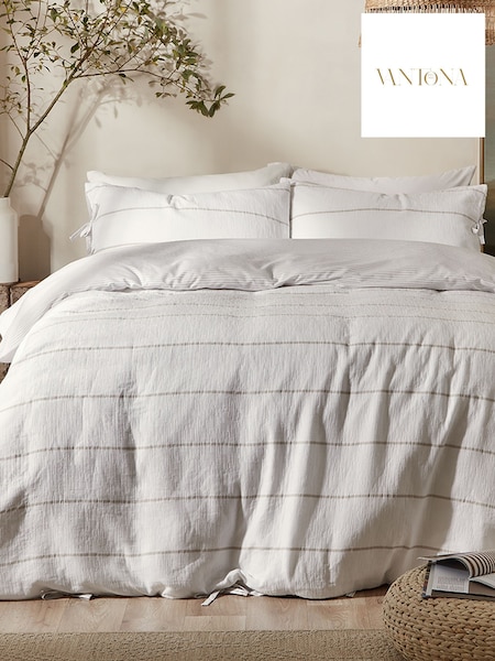 Vantona White Stone Stripe Gauze Quilt Cover Set with Bow Tie Closure (G58610) | £45 - £85