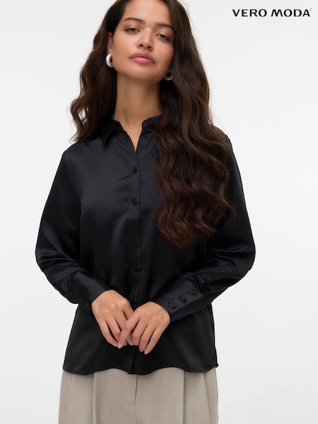 VERO MODA Black Satin Long Sleeve Shirt (G58753) | £27