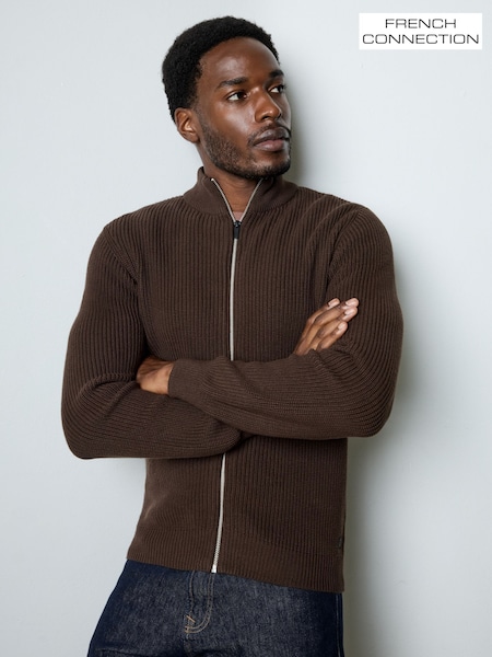 French Connection Brown Cotton Blend Ribbed Knit Funnel Neck Zip Jumper (G58930) | £85