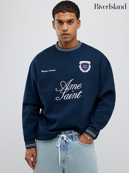 River Island Blue Navy Long Sleeve Regular Football Badge Crew Neck T-Shirt (G59036) | £39