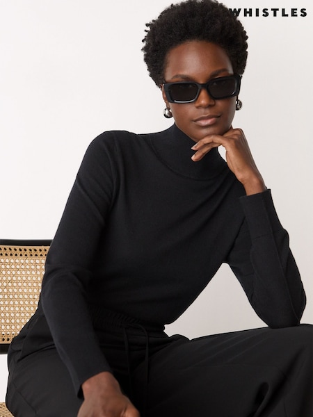 Whistles Black Fine Wool Mix Funnel Neck Knit Jumper (G59188) | £89