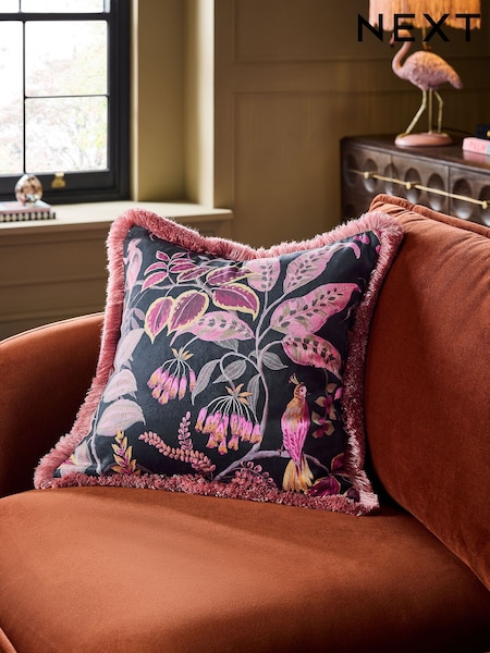 Pink Bold Tropical Print Fringe Cushion (G59255) | £22