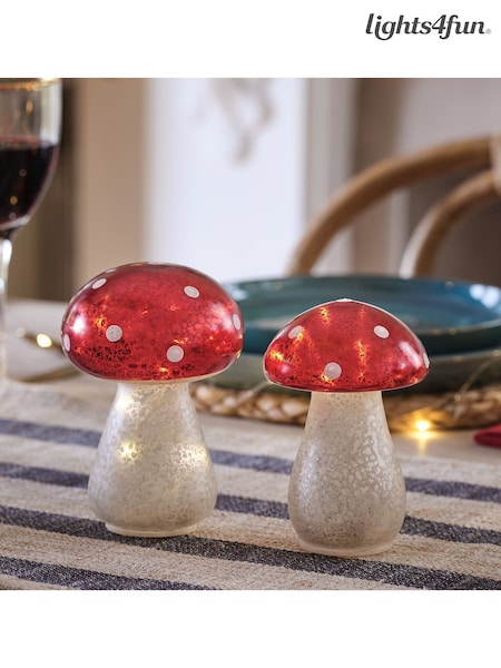 Lights4fun Set of 2 Glass LED Christmas Toadstools (G59261) | £20