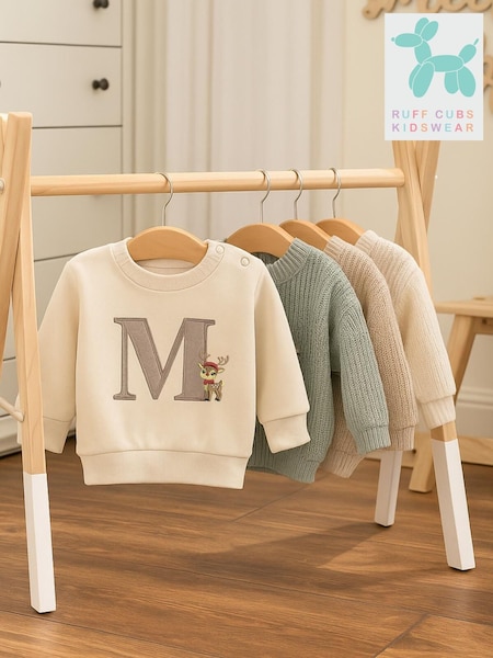 Cream - Ruff Cubs Kidswear Christmas Reindeer Monogram Sweatshirt