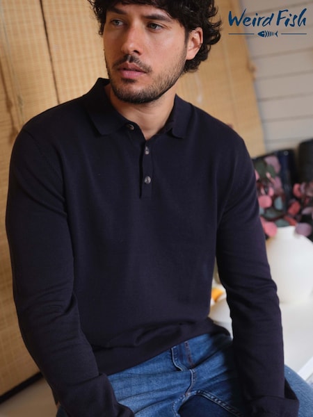 Weird Fish Blue Alden Long Sleeve Knitted Polo Shirt (G59416) | £55