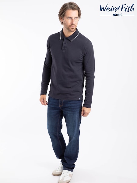 Weird Fish Blue Theo Textured Long Sleeve Polo Shirt (G59450) | £48