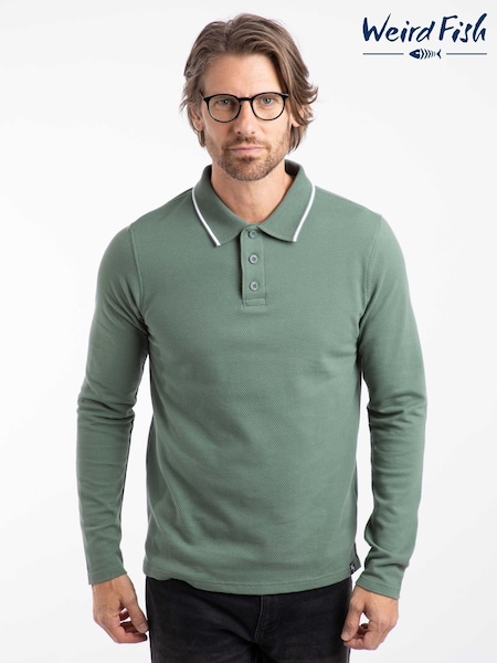 Weird Fish Green Theo Textured Long Sleeve Polo Shirt (G59462) | £48