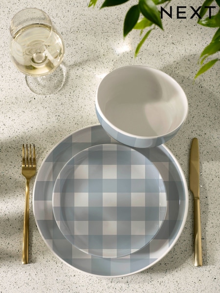 12 Piece Blue Gingham Dinner Set (G59624) | £45
