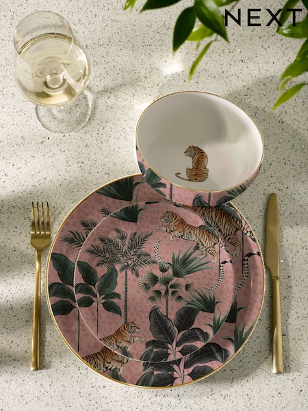 12 Piece Pink Tiger Palm Dinner Set (G59627) | £50