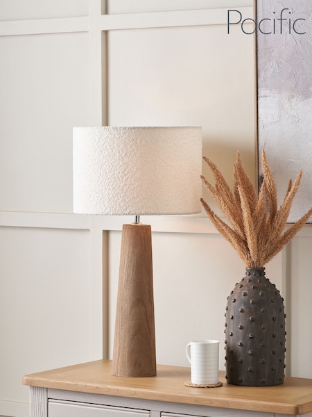 Pacific Natural Esha Conical Wood Table Lamp Base with Rouen 35cm White Boucle Cylinder Lampshade (G59653) | £130