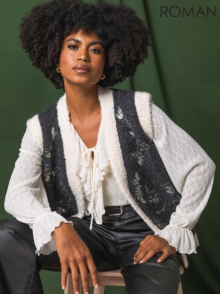 Roman Black Fur Trim Embroidered Knit Waistcoat (G59759) | £48