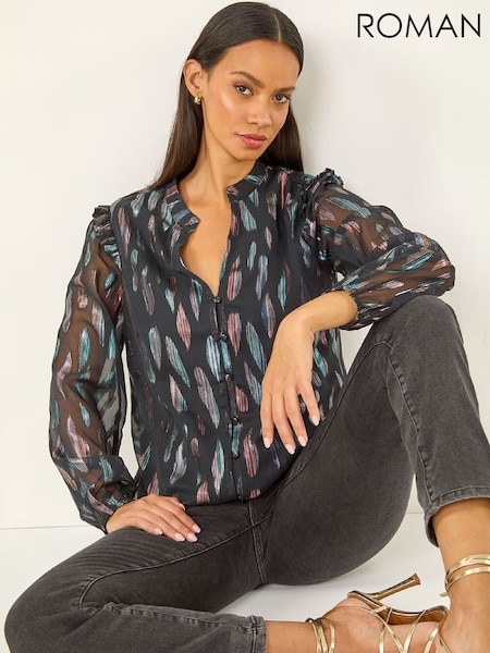 Roman Black Foil Print Tie Front Neck Blouse (G59801) | £48