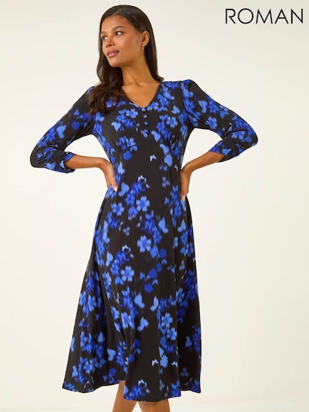 Roman Black Floral Print Buttoned Midi Dress (G59829) | £50