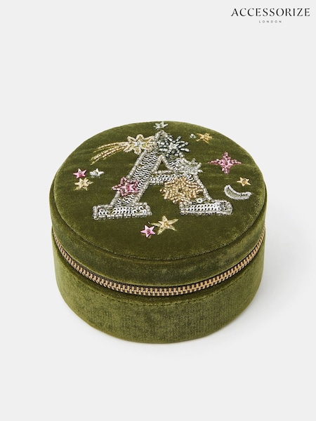 Accessorize Green Round Initial Velvet Jewellery Box (G59974) | £22