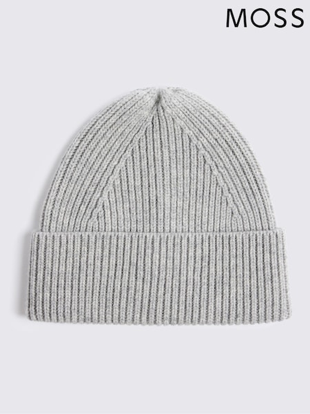 MOSS Grey Melange Cashmere Blend Ribbed Beanie (G60094) | £40