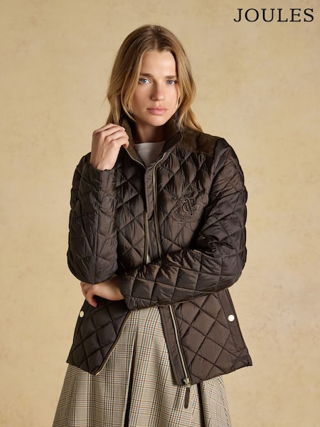 Chocolate Brown - Joules Braemar Luxe Showerproof Diamond Quilted Coat
