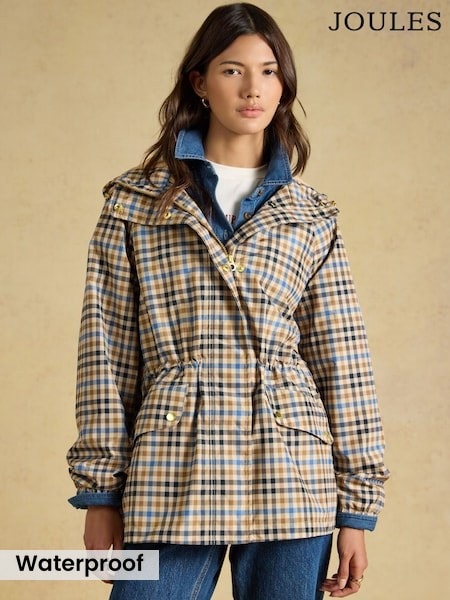 Brown Check - Joules Everdry Waterproof Packable Raincoat With Hood