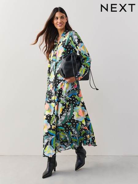 Black/Multi Floral Long Sleeve Midi Shirt Dress (G60679) | £60