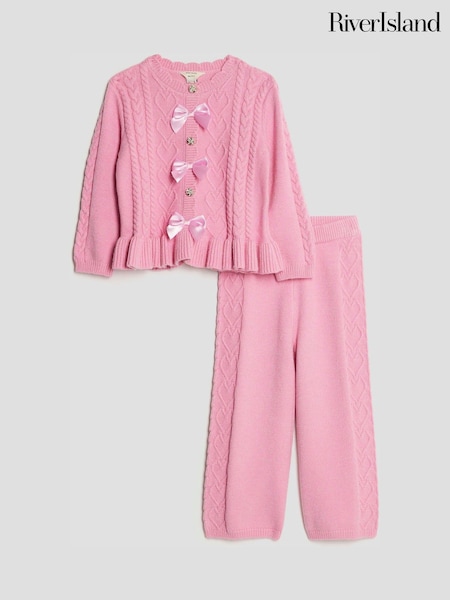 River Island Pink Long Sleeve Bow Peplum Cardigan & Trouser Set (G60732) | £34
