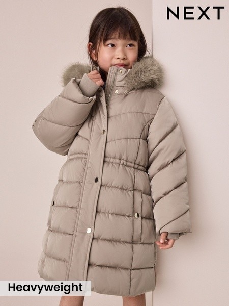 Taupe - Shower Resistant Faux Fur Trim Padded Coat (3-16yrs)