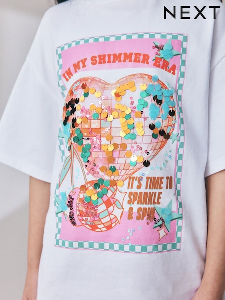 White Disco Heart - Oversized Sequin Graphic T-shirt (3-16yrs)