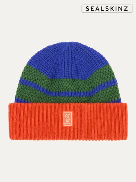 Sealskinz Kids Blue Apton Waterproof Cold Weather Striped Roll Cuff Beanie (G61149) | £23