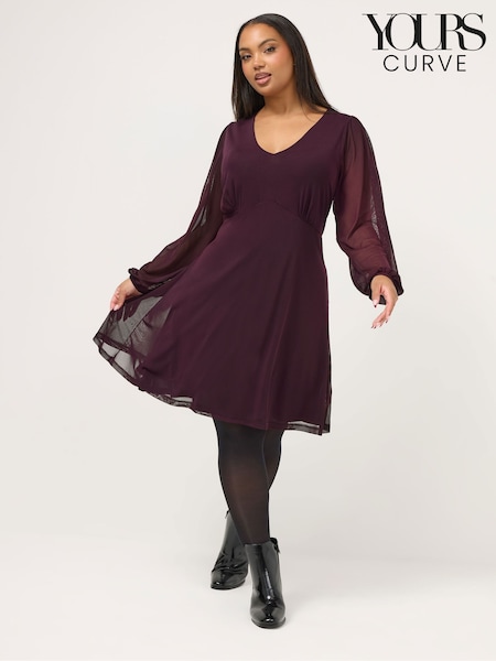 Yours Curve Purple Short Mesh Balloon Sleeve Dress (G61191) | £29