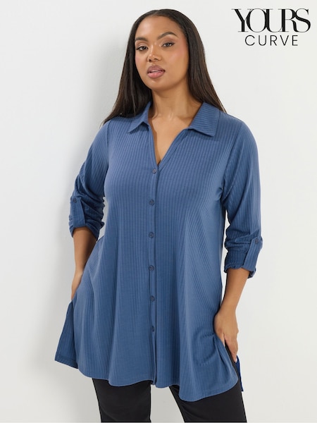 Yours Curve Blue Ribbed Turn Back Shirt (G61222) | £27