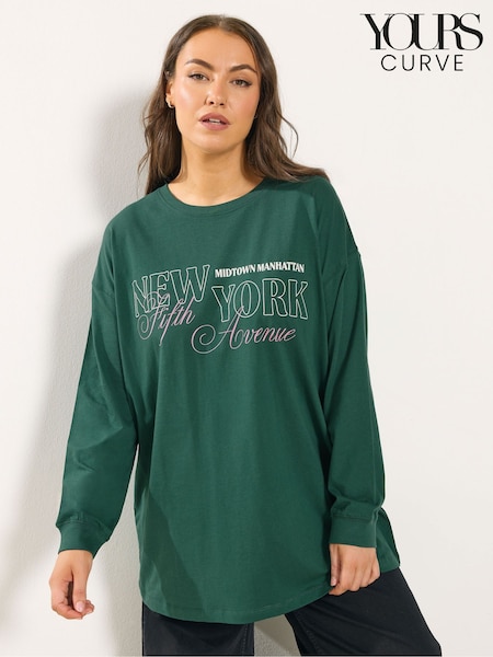 Yours Curve Green Long Sleeve Ribbed Cuff Placement T-Shirt (G61226) | £19
