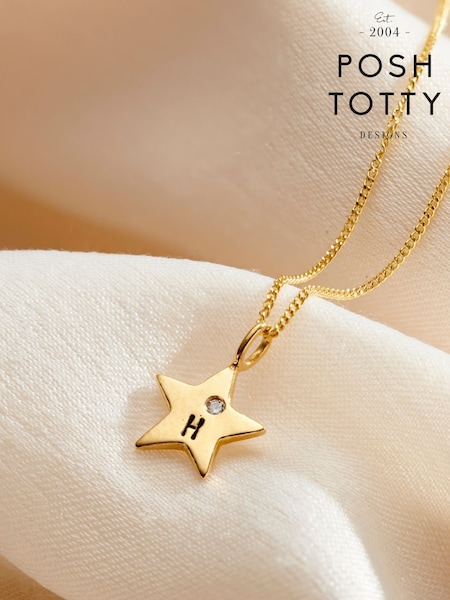 Posh Totty Designs 9ct Gold Mini Star Initial Birthstone Necklace (G61243) | £185