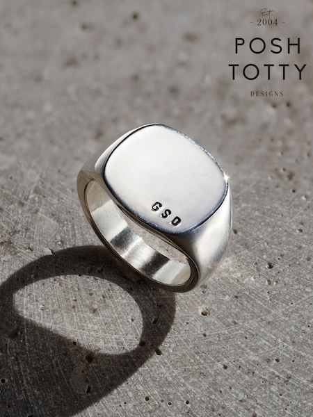 Posh Totty Designs Silver Tone Chunky Rounded Square Initial Signet Ring (G61256) | £110