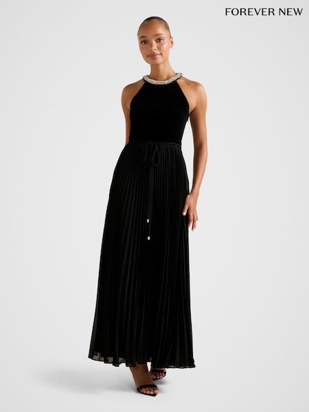 Forever New Black Gwen Halter Neck Pleated Midi Dress (G61351) | £150