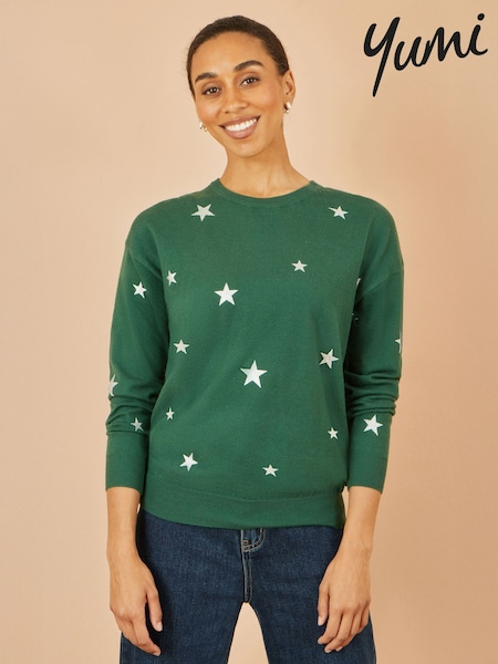 Yumi Green Foil Star Print Relaxed Fit Jumper (G61634) | £45