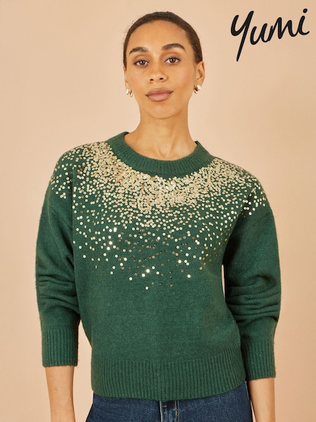 Yumi Green Relaxed Knitted Jumper With Scattered Sequin Neckline (G61641) | £55