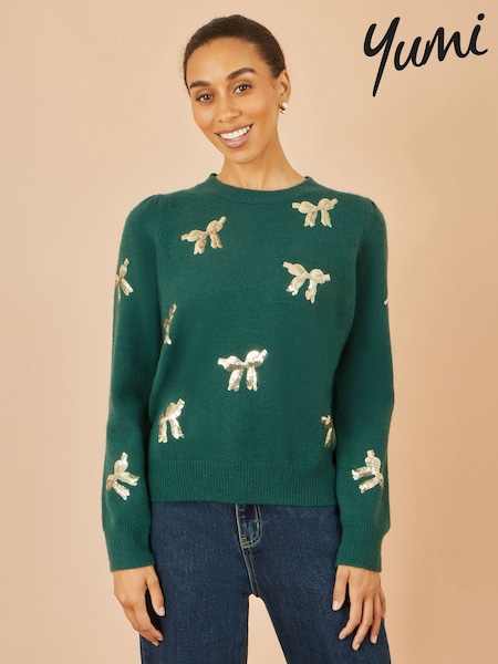 Yumi Green Sequin All Over Applique Bow Knitted Jumper (G61647) | £55