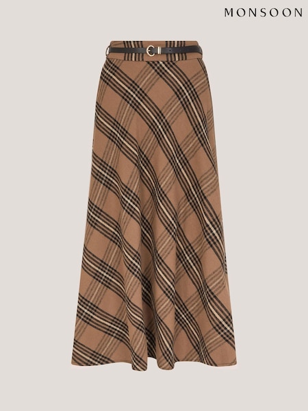 Monsoon Brown Willa Check Midi Skirt (G61653) | £69