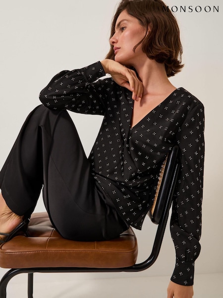 Monsoon Black Margo Hotfix Long Sleeve Blouse (G61661) | £79