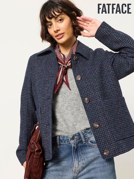 Navy - Fatface 100% Wool Short Check Jacket