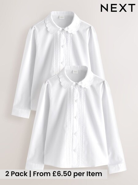White - Long Sleeve Scalloped Lace Trim School Blouse 2 Pack (3-14yrs)
