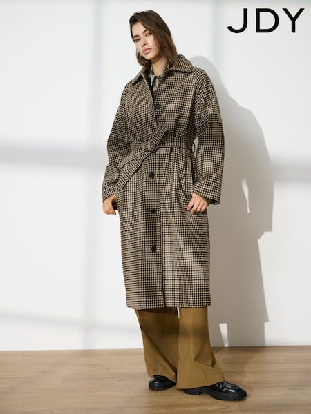 JDY Brown Checked Belted Long Coat (G61976) | £85
