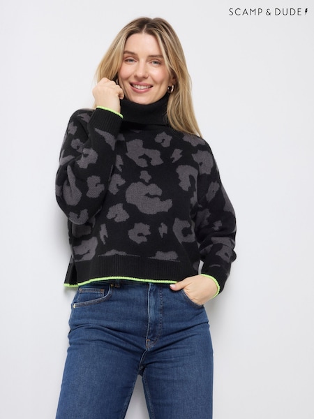 SCAMP & DUDE Black Knitted Turtle Neck Jumper with Mega Leopard & Lightning Bolt (G62026) | £89