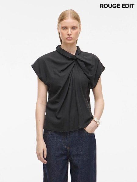 Rouge Edit Short Sleeve Twist Neck Detail Black Top (G62096) | £44
