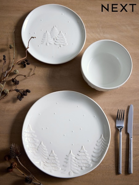12 Piece Embossed Christmas Tree Dinner Set