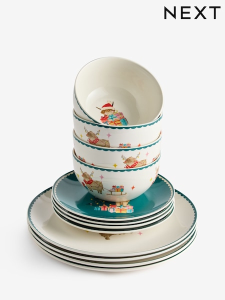 12 Piece Christmas Hamish The Highland Cow Dinner Set