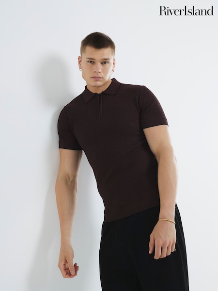 River Island Red Textured Muscle Fit Zip Polo Shirt (G62201) | £30