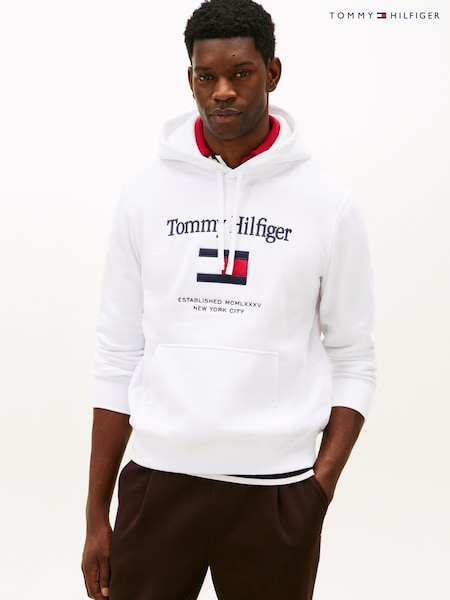 Tommy Hilfiger White Logo Embroidery Flex Fleece Hoodie (G62436) | £120