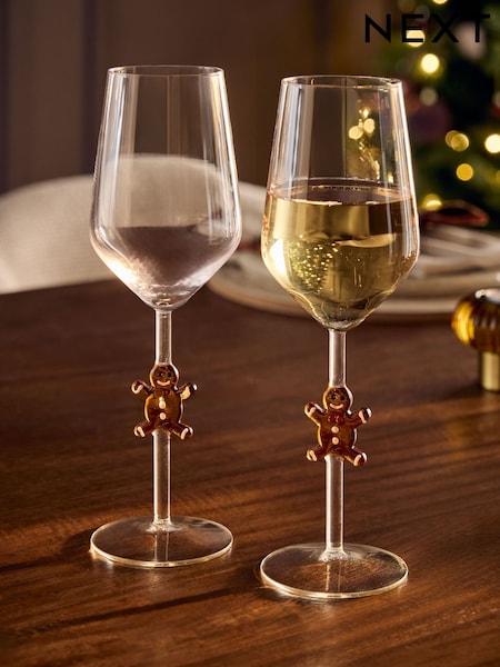 Set Of 2 Christmas Gingerbread Stem Wine Glasses