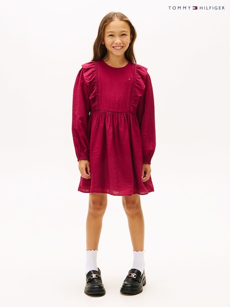 Tommy Hilfiger Pink Festive Ruffle Long Sleeve A-Line Dress (G62565) | £75 - £90