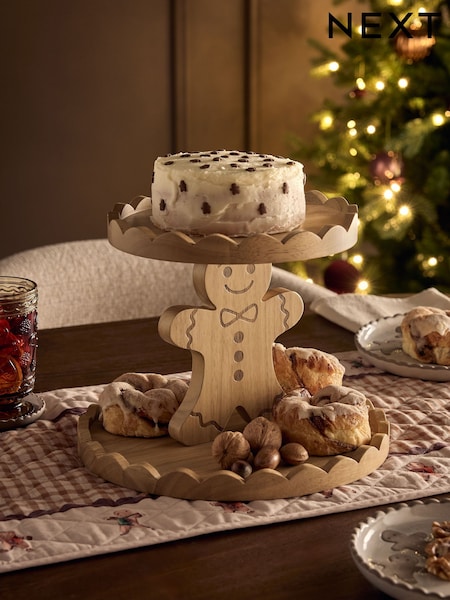 Wood Gingerbread Scallop Edge Two Tier Cake Stand
