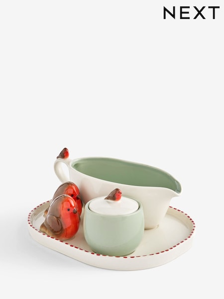 Merry Christmas Robin Centrepiece With Salt And Pepper Shakers And Condiment Pot And Gravy Boat